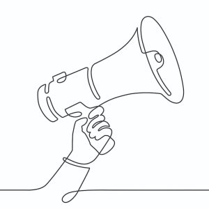 One line hand with megaphone. Person hold loudspeaker in continuous lines style. Symbol of sale, hiring or event announcement vector concept megaphone